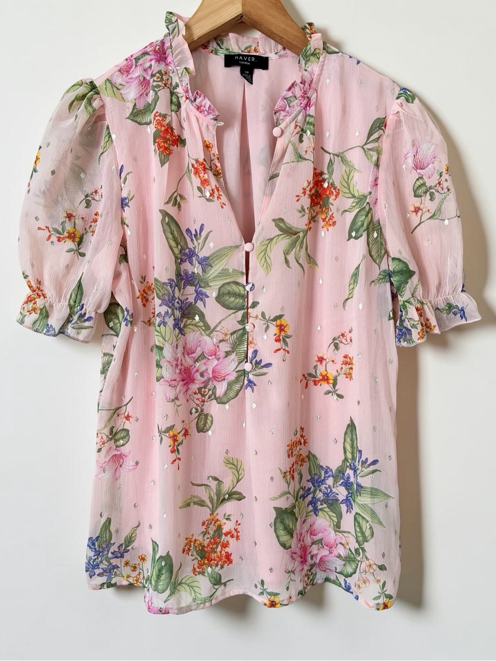 Haver London Pink Floral Metallic Clip Dot Ruffle Neck Puff Sleeve Blouse S